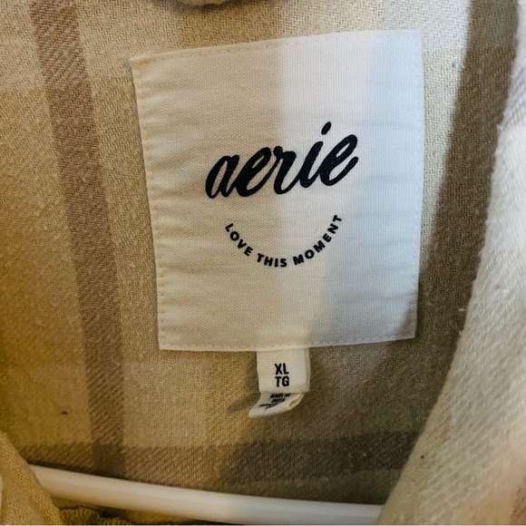 Oversized Aerie Beige and Cream Checkered flannel button up shirt - Picture 2 of 6